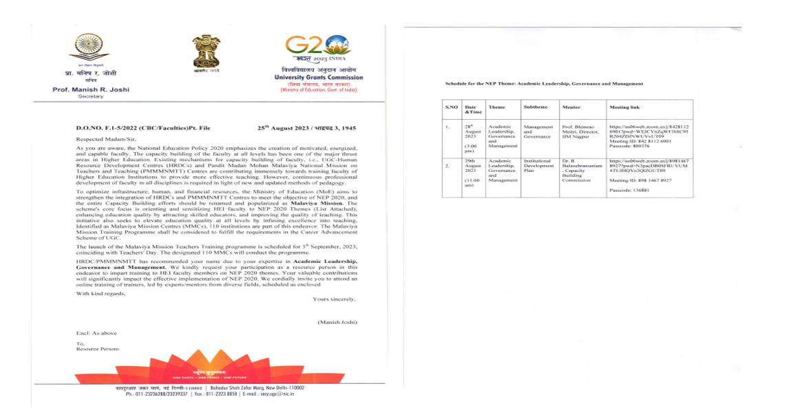 Invited as a Resource Person by UGC for New Education Policy